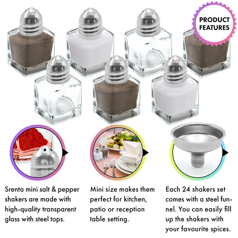 Srenta Set of 24 Small Salt and Pepper Shakers, Bulk Salt and Pepper Shakers with Funnel Tool, Clear Glass Mini Salt and Pepper Shakers Set with Stainless Steel Tops for Wedding Table & Party, 0.5 oz - Image 3